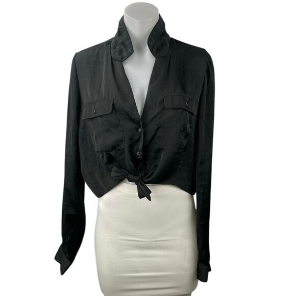 Urban Outfitters Black Satin Bow Tie Front Button Long Sleeve Crop Shirt Top M - Picture 1 of 5